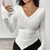 Ladies Spring Autumn Flare Sleeve V Neck Asymmetrical Hem Solid Color Pleated Bodycon Pullover Casual T Shirt Top