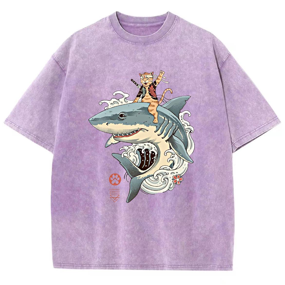 

Японский мультфильм самурай кошка акула принт стираный деним свободный круглый вырез свободный женский мужской футболка винтажный топ S