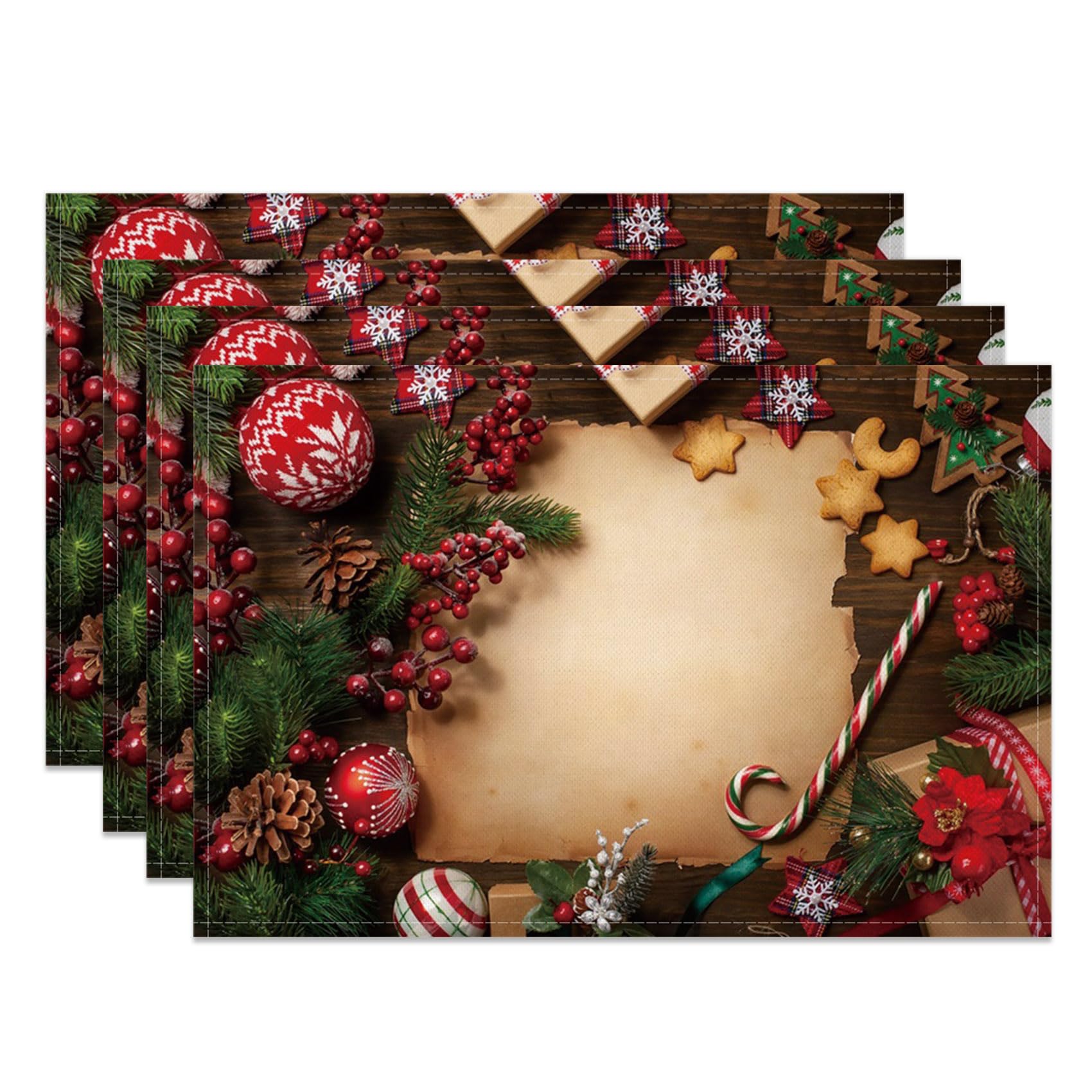 

Red Christmas Placemats Set of 4, Christmas Frame with Gift PineCones Elements on Table Art Print Washable Fabric Placemats for Dining Table 4Pcs