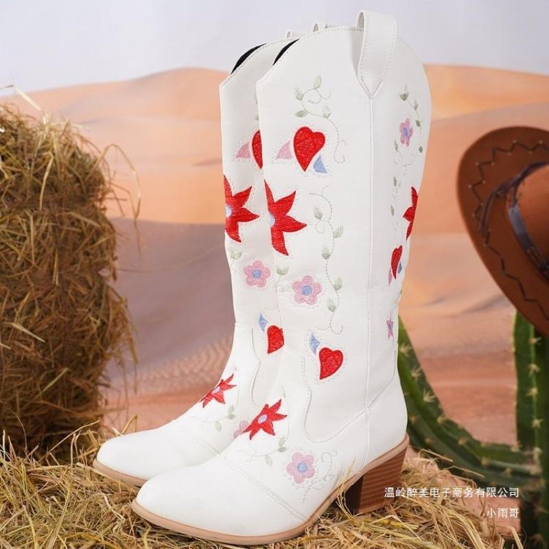 Autumn new European and American style mid-heel embroidered high boots women's large size embroidered thick heel leather knight cowboy boots