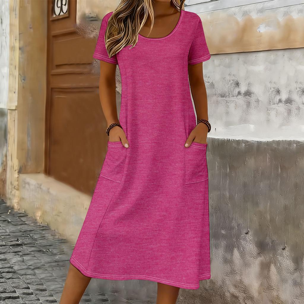 Women Casual Loose Fit Crew Neck Short Sleeve Midi Dress with Pockets Soft Fabric Comfortable Everyday Wear Suitable for Various Occasions