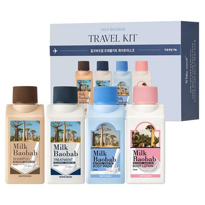 Milk Baobab White Musk Travel Kit – Shampoo, Treatment, Body Wash & Lotion Set, Korean