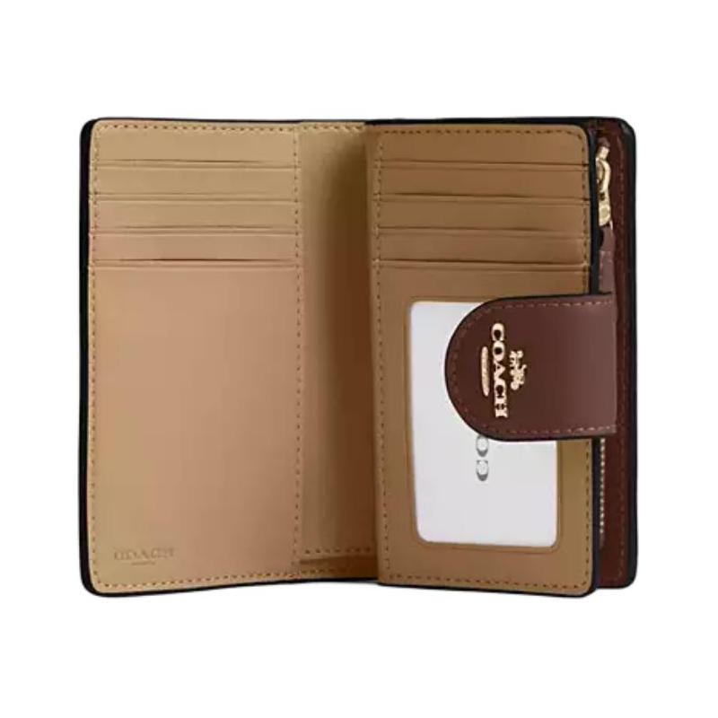 Coach SignatureCanvas 13 Branded Logo Snap Closure Premium Leather Wallet Small Women's Tan with Brown Tan and Brown