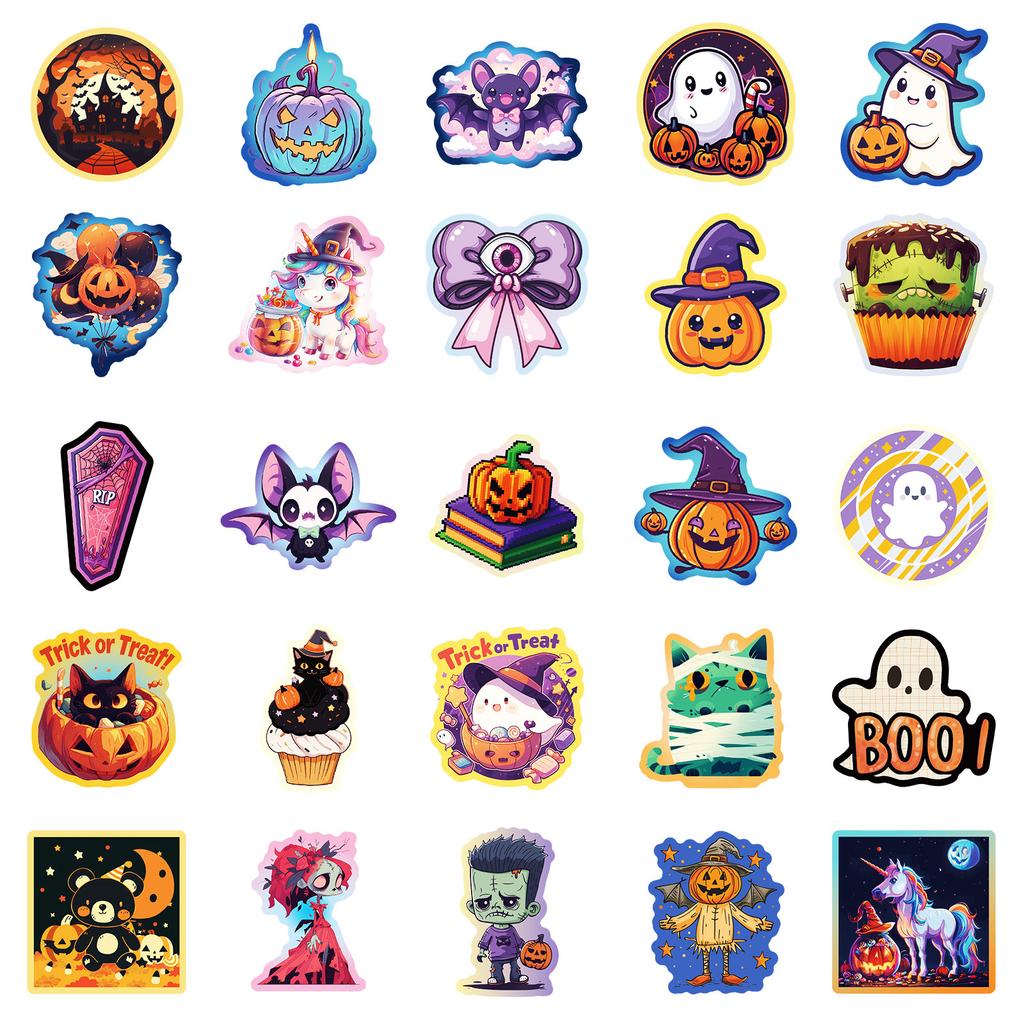 50 Cute and Funny Halloween Cartoon Stickers, Bat Ghost Party Hand Account Material Stickers