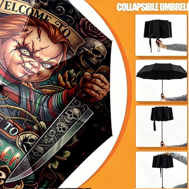 Custom Name Personalized Horror Theme Chucky Print Umbrella, Auto Open Close, 8‑Rib Sturdy Frame, Commute Camping Hiking Use, Birthday Gift