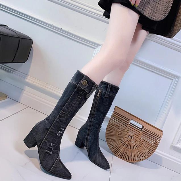 Botas de Mujer Nuevas Botas Denim Hasta la Rodilla con Tacón Grueso y Cremallera Lateral Puntiaguda Botines Denim Zapatos de Mujer Tacones Altos