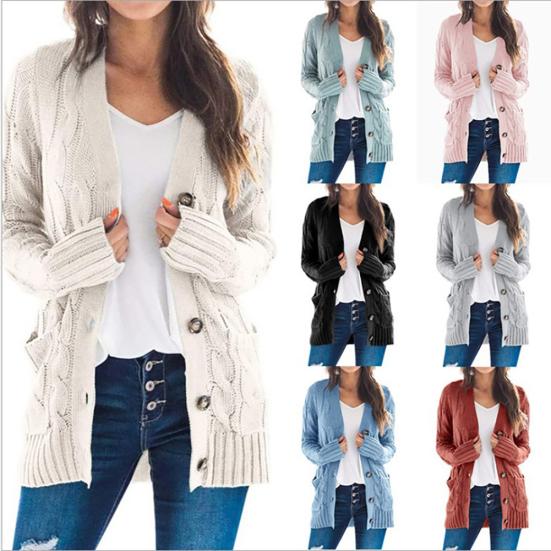 Women Autumn Open Front Knitted Cardigan Sweater Button Pockets Outwear Coat