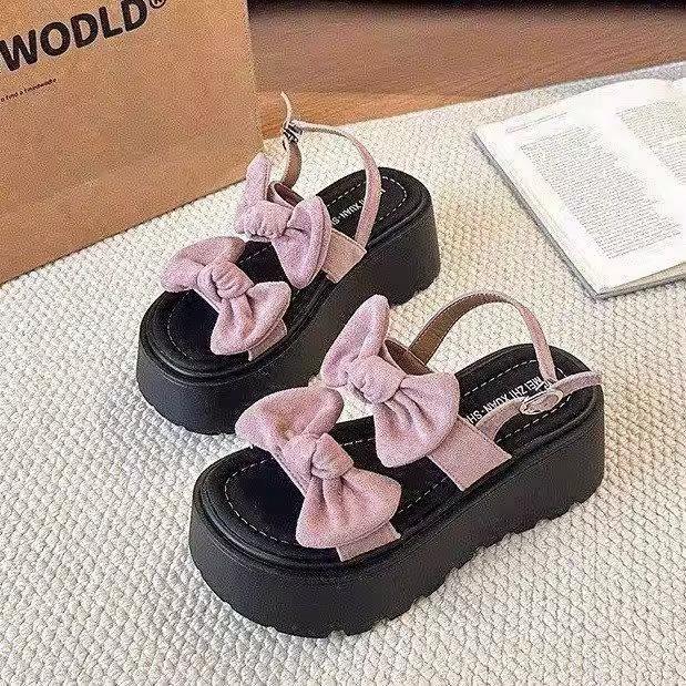 2025 new platform versatile skirt denim sandals women's new bow in summer 2025