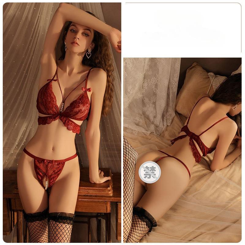 Women’s Pearl Detail Lingerie Set Sexy Sheer Lace Bra and T-Back Thong