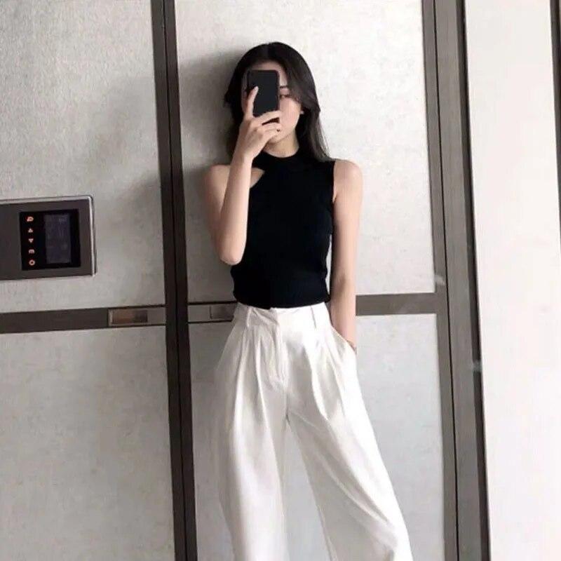 Women Tank Tops Off-the-shoulder Sleeveless Hanging Neck Knitted Small Vest Female Slim Slimming T-shirt