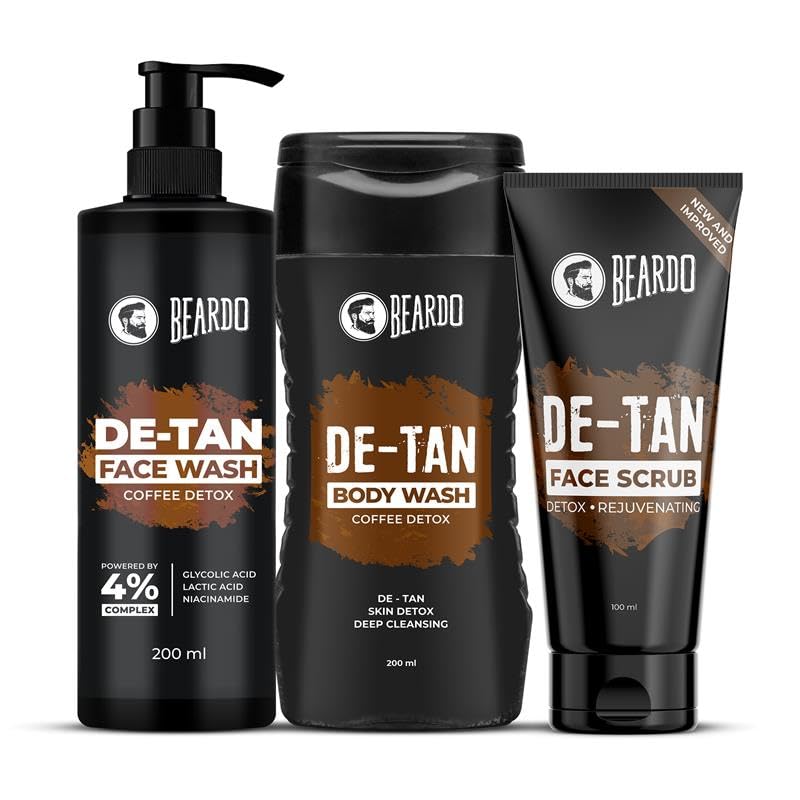 

Beardo De-Tan Kit For Men Set of 3 – Face Wash 200ml, Scrub 100ml & Body Wash 200ml for Tan Removal and Hydrated Skin