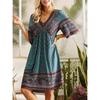 Women‘s V Neck Half Sleeve A-Line Maxi Dress Loose Fit Printed Bohemian Gown
