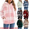 Damen S Langarm Kapuzen Plüsch Kariert Pullover Sweatshirt