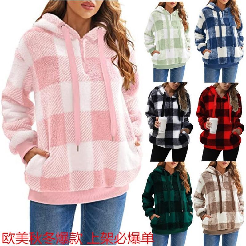 Damen S Langarm Kapuzen Plüsch Kariert Pullover Sweatshirt