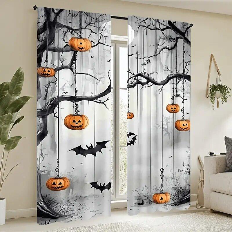 2PCS- Halloween night view pumpkin lantern pattern printed curtains   window decorations   home decorations   room decorations