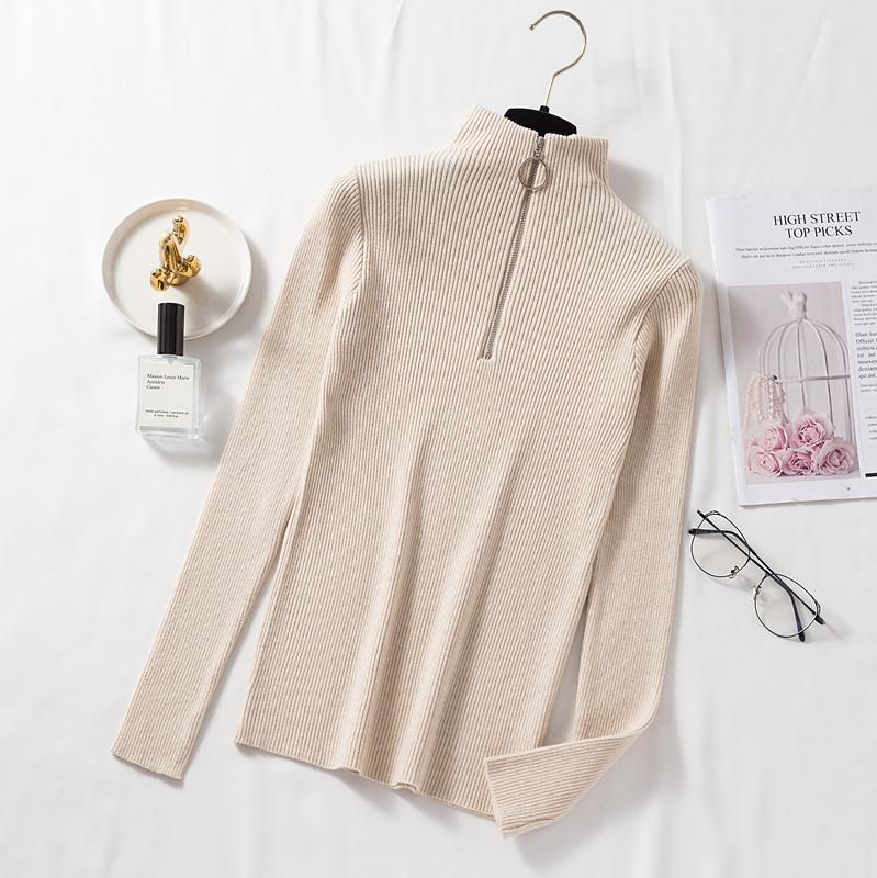 Autumn and Winter Sweater Women's Half Turtleneck Ring Zipper Slim Outer Wear Long-sleeved Mid-neck Bottoming Shirt Knitted Sweater Top