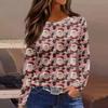 Women's Fashion Casual Slit Hem Round Neck Long Sleeve Loose  Printed T-Shirt Ladies Top