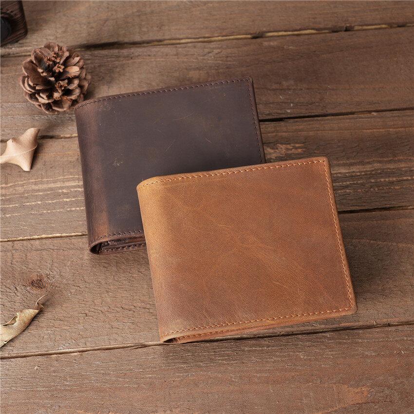 Handgefertigte Retro Crazy Horse Leder Herren Geldbörse Münzfach und Kartenhalter Schlanke Geldbörsen für Männer Rindsleder Geldbörse