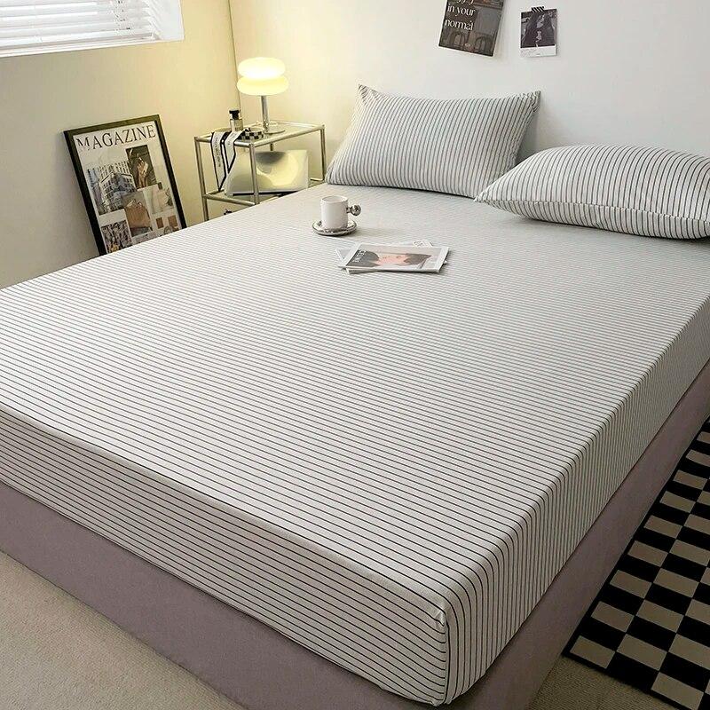 Cotton Fitted Sheet Soild Color with Elastic Band Non Slip Adjustable Mattress Cover Soft Comfortable for Double King Queen Size