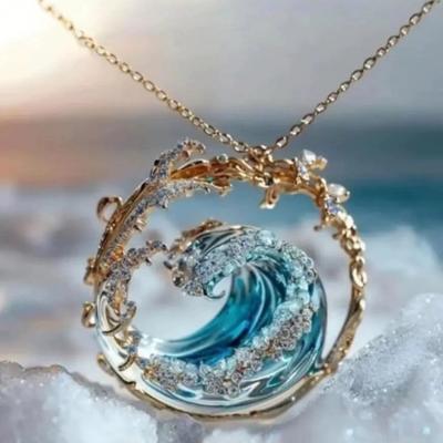 Ocean Blue Sky Wave Resin Pendant Necklace With Titanium Steel Chain, Elegant Coastal Jewelry Gift For Women, Summer Beach Party.