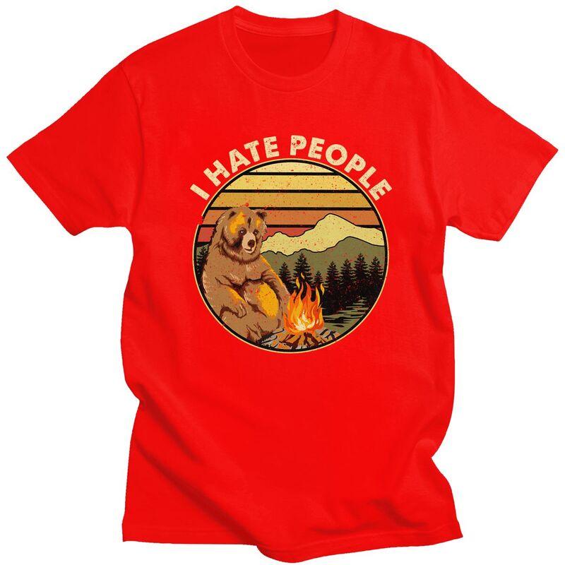 Custom Mens Bear Camping I Hate People T Shirts Short Sleeve Cotton Tshirts Casual Adventure Capmer Tees Loose Fit Clothing