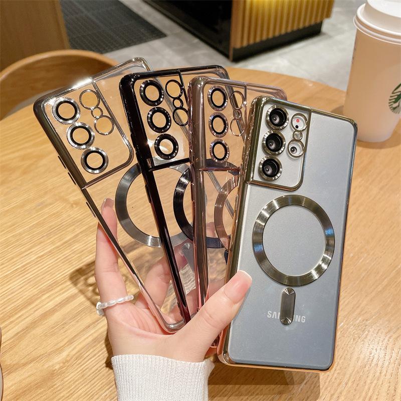 Suitable for Samsung S25 Ultra MagSafe Mobile Phone Case S24 Plating Transparent Note20 Lens Film Soft Case