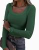 Women's U Neck Long Sleeve Tee Slim Fit Casual Ribbed Knit Solid Color Spring Basic Top