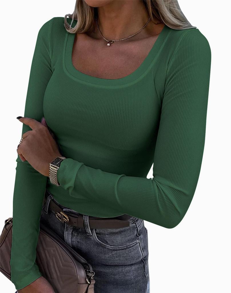 Women's U Neck Long Sleeve Tee Slim Fit Casual Ribbed Knit Solid Color Spring Basic Top