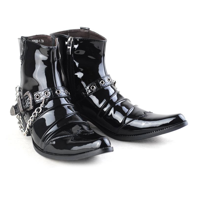 men's fashion chelsea boots black tide patent leather shoes pointed toe high heel ankle boot party nightclub dresses short botas