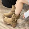 Fashion retro western pile boots women's autumn and winter new thick heel British style belt buckle short knight boots