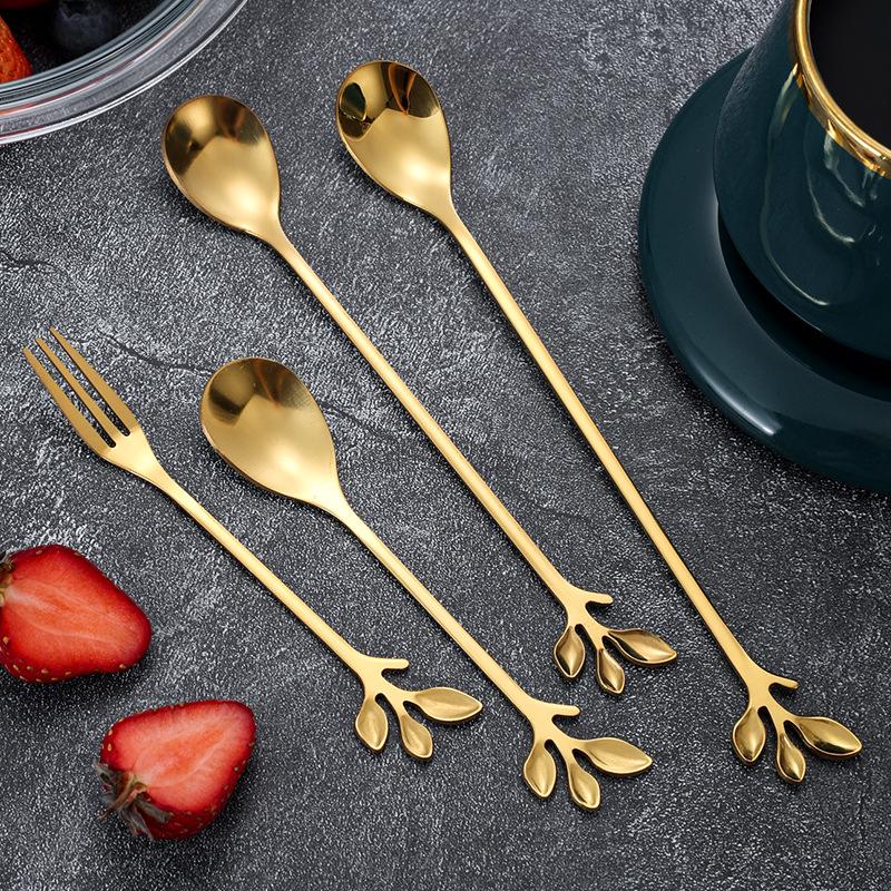Stainless Steel Leaf Spoon & Fork Set - Long Handle for Coffee, Dining & Dessert