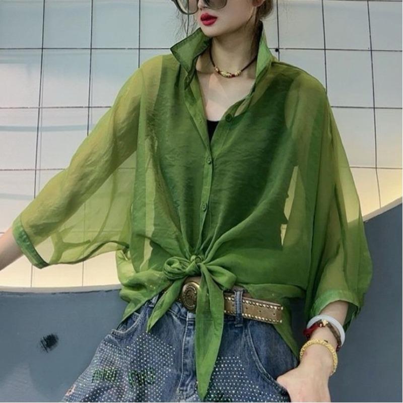 Women's Fashion Sunscreen Clothing 2024 Summer New Thin Blouses Loose Solid All-match Polo Neck Button Bandage 3/4 Sleeve Shirts