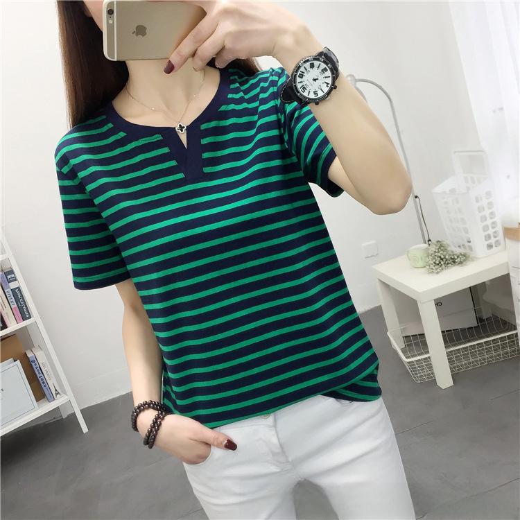 Women's Plus-Size Striped V-Neck Cotton T-Shirt, Short-Sleeve Loose Fit