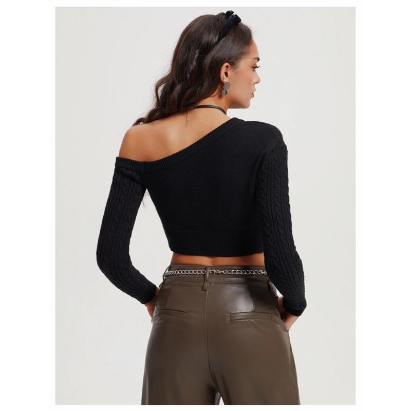 Women's Autumn and Winter Twist Wool Knit Straight Off-the-shoulder Long Sleeve Short Pullover Sweater Top