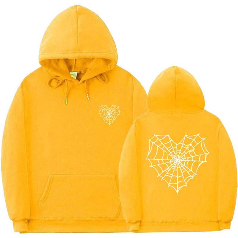 Gothic Spiderweb Print Hooded Sweatshirt Unisex Oversized Pullover With Ribbed Hem Fall
