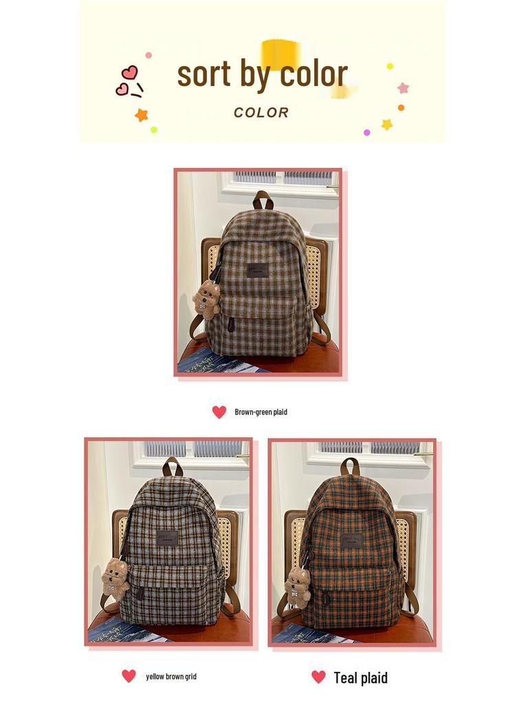 Mori Style Plaid Tweed Backpack: Versatile, Large-Capacity School Bag for Junior High Students