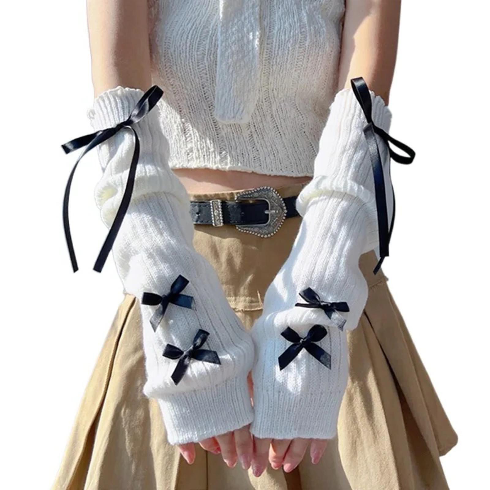 

Мода Y2K Митенки с бантом для женщин и девушек, вязаные, без пальцев, однотонные, утолщенные нарукавники 1