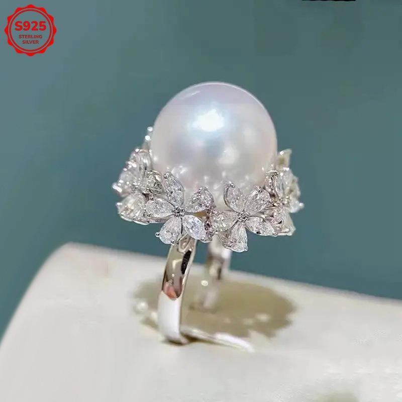 s925Sterling Silver European and American fashion classic elegant pearl flower ring for women Shiny, lustrous micro-inlaid zirconia Suitable for all