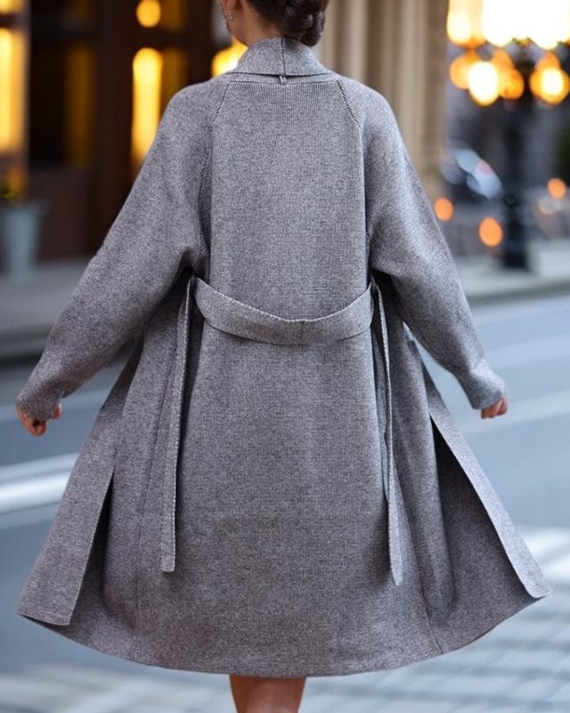 Women's 2024 Autumn/Winter Casual Long Knitted Cardigan Sweater Coat with Lace-Up Design