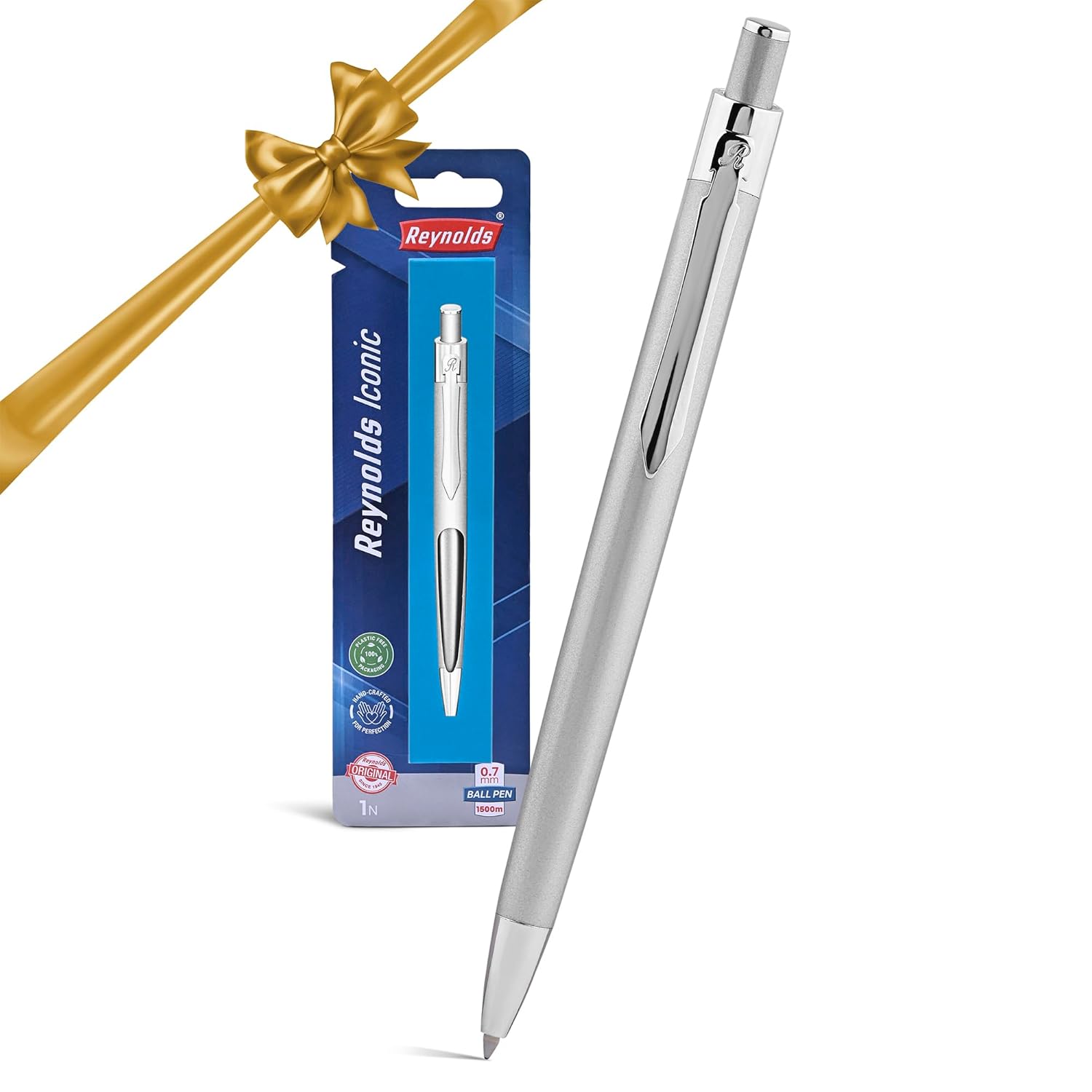 Reynolds Iconic Silver Metal Ball Pen Blue Ink 0.7mm Retractable Premium Writing Pen For Office School And Gifting