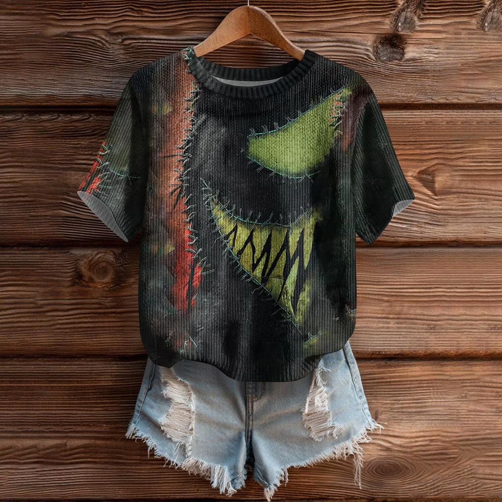 Women's Cute Sweater Knitted Fashion Casual Round-neck Short-sleeved  Cozy Print Top