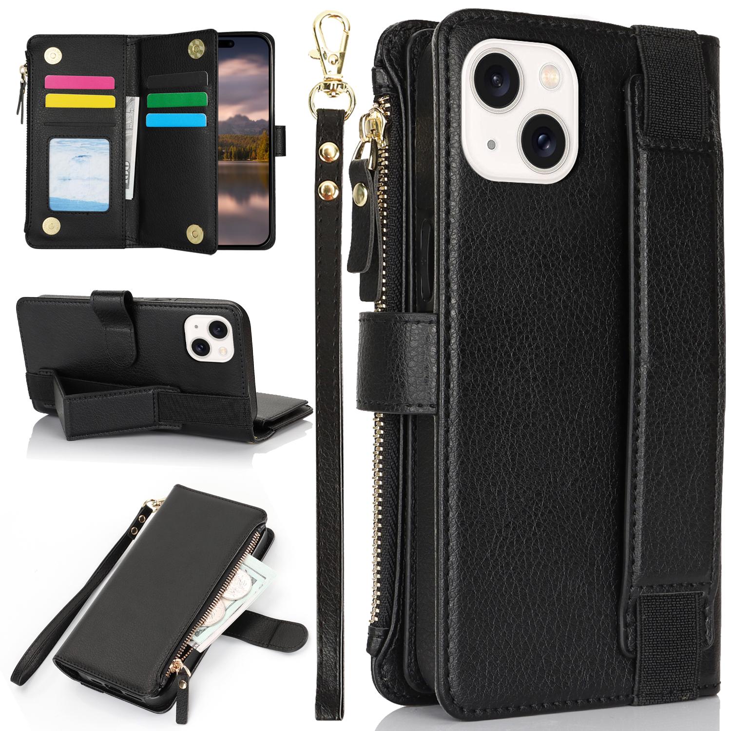 

XL-001 For iPhone 15 Case Zipper Pocket Wristband Stand Leather Phone Cover A