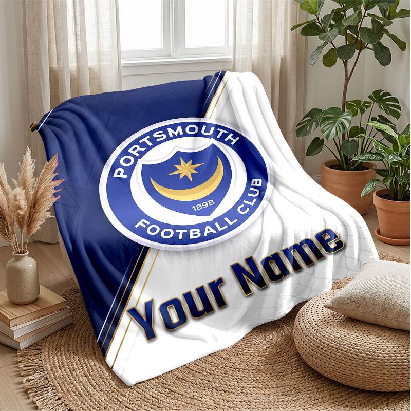 Portsmouth FC Custom Name Text Flannel Blanket Soccer Logo Personalized Fleece Throw Blanket Special Gift For Sofa Bedroom Home