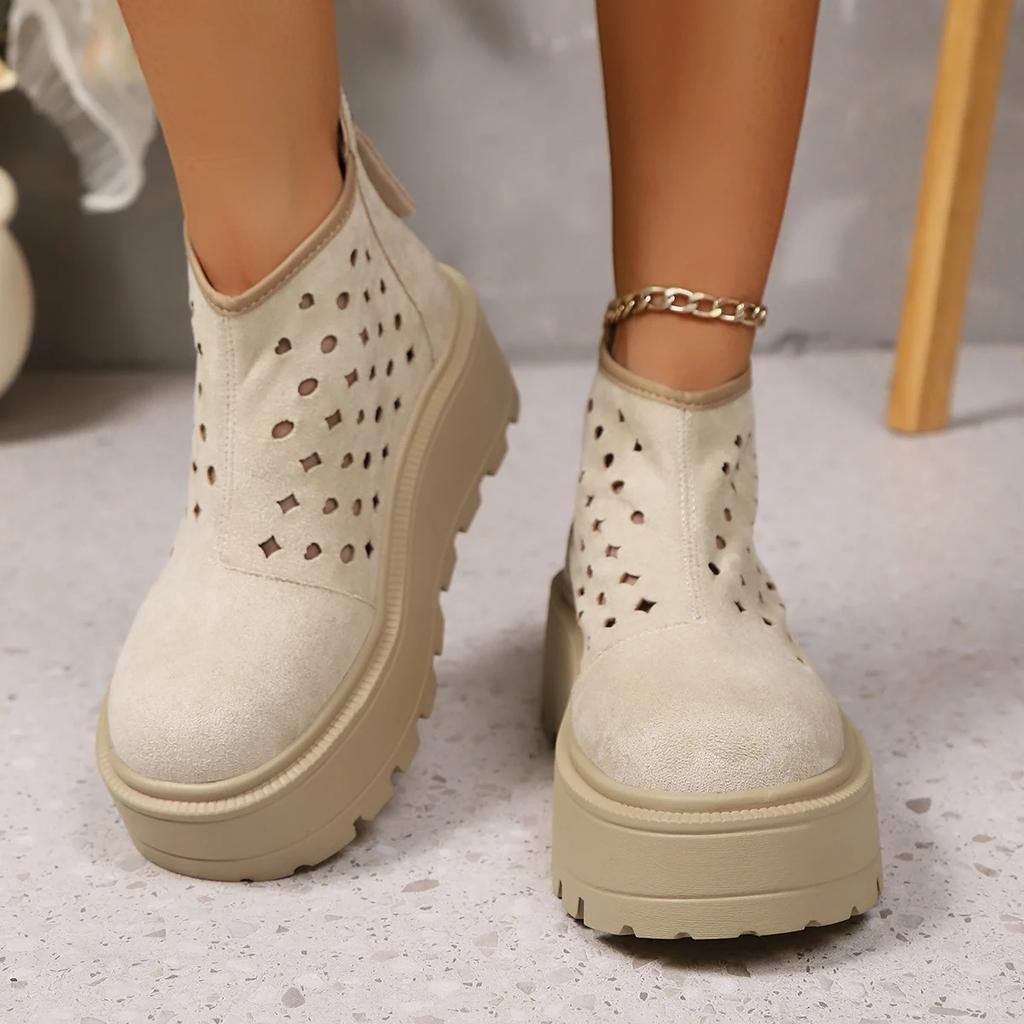 Fashion Summer Women Boots Leather Moccasins Women Platform Flats Women Shoes Ankle Booties Mid Calf Boots Females ZIP Pumps Shoes