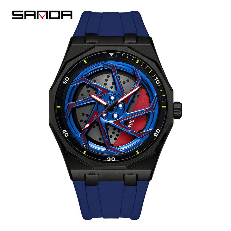 Sanda Men's Waterproof Alloy Car Wheel Design Silicone Wristwatch