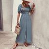 Women's Square Neck Jumpsuit Floral Puff Short Sleeve Wide Leg Pants Romper Summer Casual