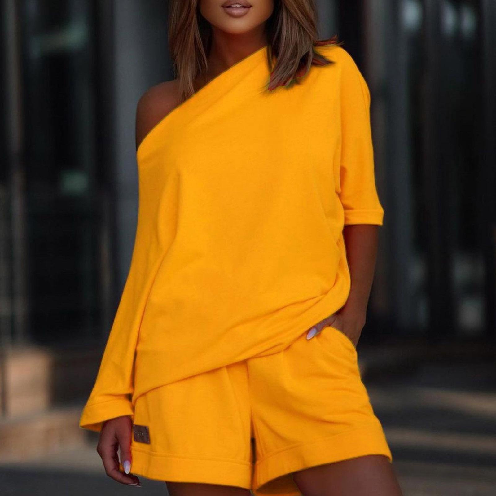 

Жіночий літній одноколірний спортивний костюм з 2 шт./комплект, короткі штани на одне плече, верхній комплект для відпочинку для повсякденного носіння M жовтий