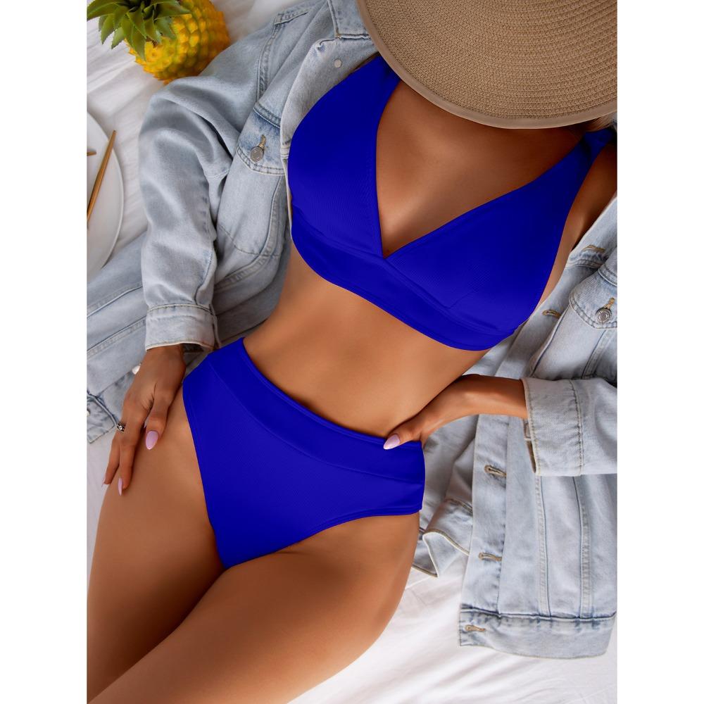European and American High-waisted Bikini Small Pit Strip Swimsuit Women's Solid Color Sexy Split Swimsuit