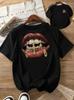 Hip-Hop Golden Grillz Lips Print T-shirt Crew Neck Short Sleeve Cross Graphic Tee Spring Summer Casual Daily Street Outfit