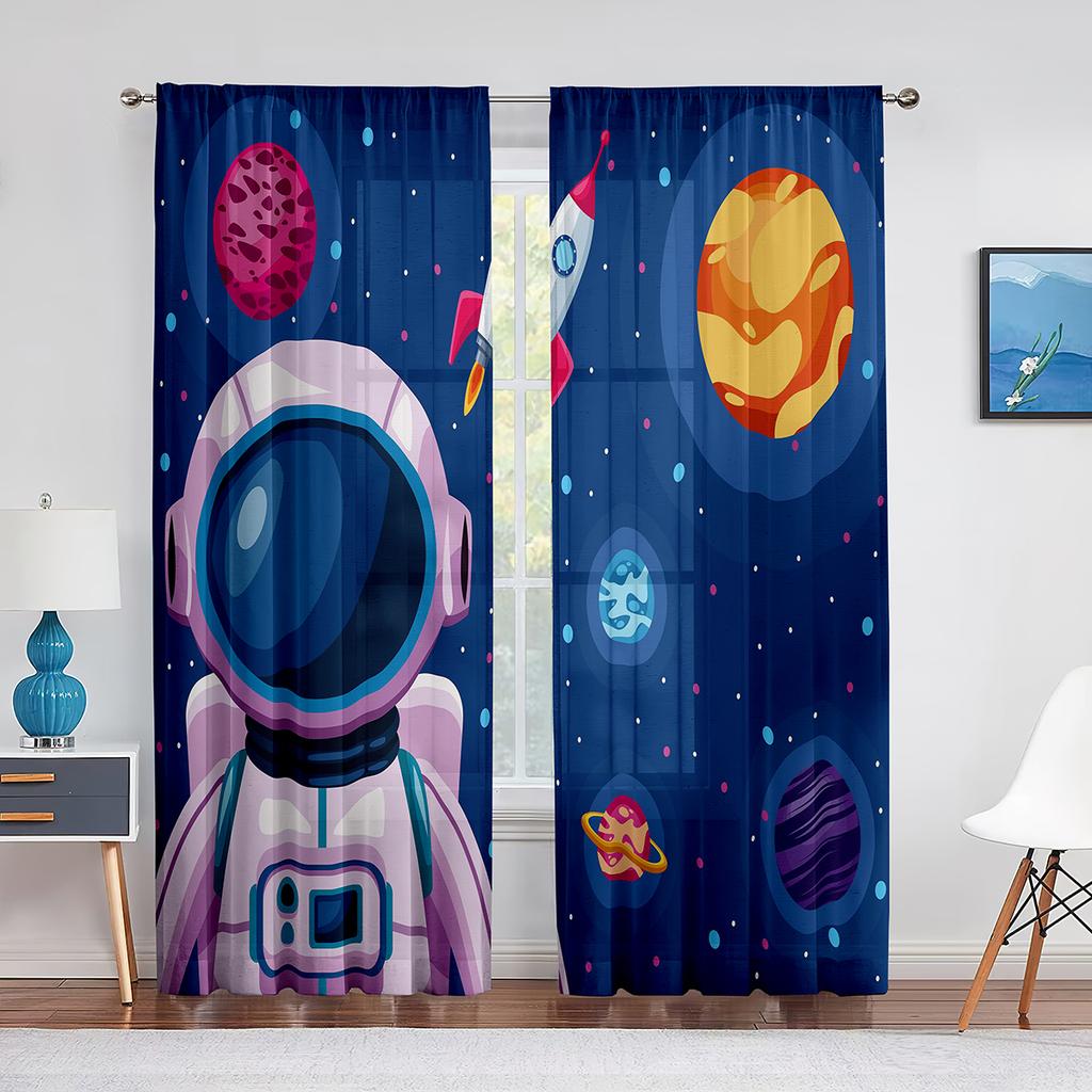 Tecknad Yttre Rymden Raket Planet Tyll Skira Fönstergardiner för Vardagsrum Pojkar Barn Sovrum Tyll Voile Gardiner Draperier Dekor
